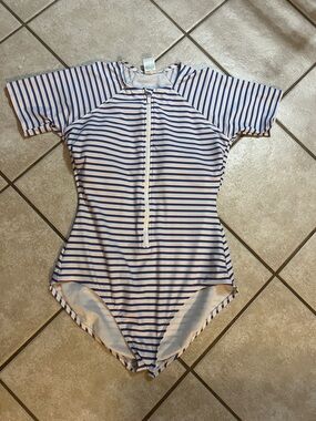 Kona Sol women’s  Short Sleeve One-Piece Swimsuit - Blue & White Stripes